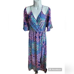 Alice Trixie Blue Paisley Print Cold Shoulder 100% Silk Dress XS